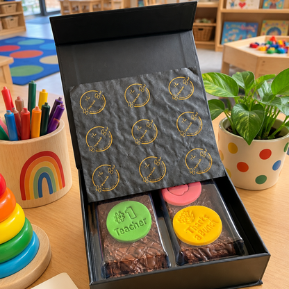 Mini box of two brownie bars with The Brownie Bar Australia packaging on a teacher's desk in kindergarten
